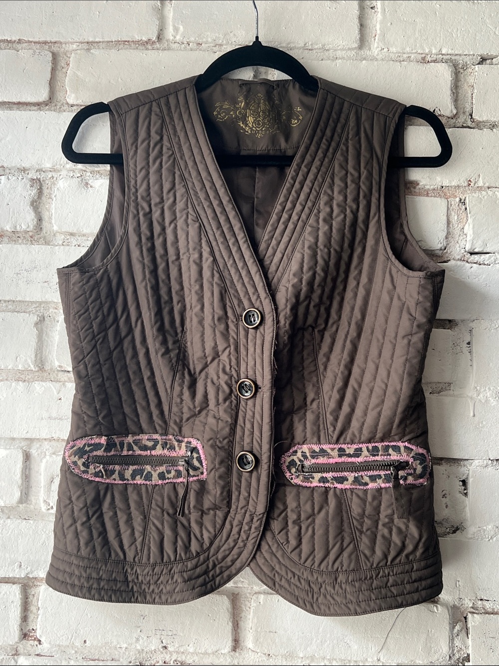 Quilted Brown Sleeveless Vest with Pink Trim UPCYCLED